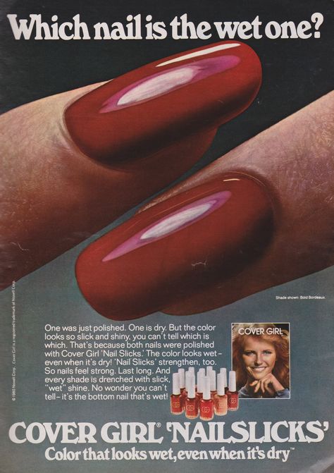 https://flic.kr/p/G4AXEr | Cover Girl 1980 80s Nails, 80s Ads, 90s Nails, Vintage Makeup Ads, Cheryl Tiegs, Beauty Ads, Cover Girl Makeup, Makeup Ads, Retro Nails