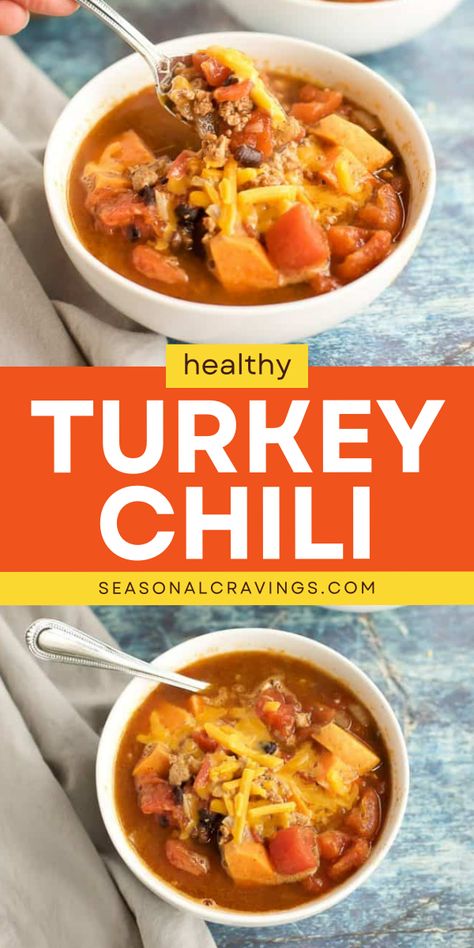 Enjoy Healthy Turkey Chili for a family friendly dinner that everyone will love! Made with ground turkey, sweet potatoes, black beans, and tomato sauce, this gluten free dish is full of flavor and perfect for meal prep. It’s yummy comfort food for all! Heart Healthy Turkey Chili, Ground Turkey And Sweet Potatoes, Sweet Potato And Ground Turkey, Ground Turkey And Sweet Potato, Turkey Chili Recipe Easy, Healthy Turkey Chili, Easy Turkey Chili, Easy Comfort Food Dinners, Turkey Chili Healthy