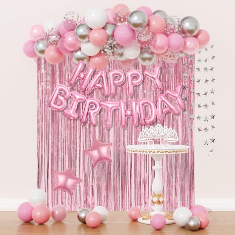 PRICES MAY VARY. Pink Birthday Decorations: Our fancy pink party decorations set include 1 pcs rose gold crown, 2 pcs pink foil fringe curtains, 4 pcs 10"foil star balloons, 13 pcs pink happy birthday foil balloons, 6 pcs 12"pink/silver confetti balloon, 29 pcs 10"white/light pink/baby pink balloons, 5 pcs 10"pearlescent light pink balloons, 8 pcs 10"metallic silver balloons, 1 pcs silver star garland and 4 pcs balloon tools Elegant Birthday Decorations for Women Girls: Step into a world of eleg Pink Glitter Party Decorations, Cute Birthday Decorations, Champagne Balloon, Pink Birthday Theme, Balloon Crown, Pink Birthday Decorations, Silver Decorations, Birthday Decorations For Women, Champagne Balloons