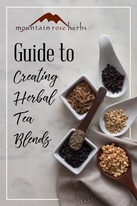 Guide to Creating Herbal Tea Blends: Looking to formulate the perfect tea blend for your needs? This guide full of loose leaf tea blending tips will help you choose the perfect ratios that will have you enjoying sip and after glorious sip! Tea Blending, Tea Blends Recipes, Herbal Tea Garden, Herbal Tea Benefits, Best Herbal Tea, Mountain Rose Herbs, Homemade Tea, Herbal Teas Recipes, Herbal Drinks