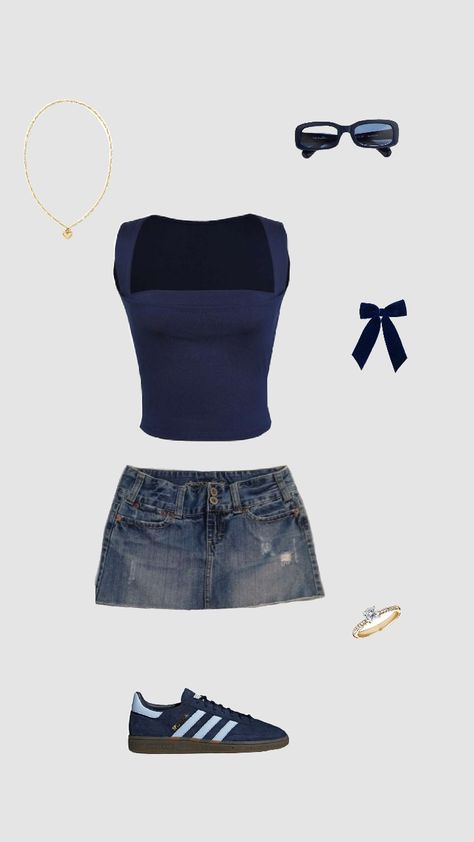 Collage Outfits Summer, Stocklom Outfit Summer, Cute Holiday Outfits Summer, Clothes Aesthetic Collage, Outfit Collage Summer, Short Skirt And Top Outfits, Navy Summer Outfit, Navy Top Outfit, Cute Going Out Outfits