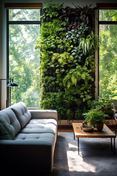 Achieve verdant elegance in your home with our guide on the top 10 ideas, offering a perfect balance for both greenery and vertical gardens. Greenery In Home, Living Wall Indoor Interior Design, Indoor Green House Ideas, Indoor Vertical Garden Wall, Plants Decoration Ideas, Interior Plant Design, Wall Climbing Plants, Living Wall Garden, Living Wall Indoor