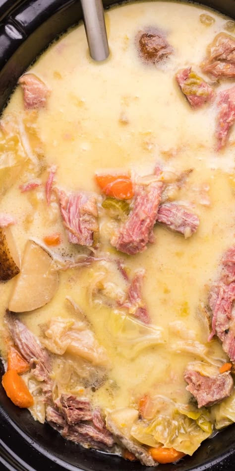 Love corned beef and cabbage? Try this creamy corned beef and cabbage soup ASAP! So much flavor in the broth. Corned Beef And Cabbage Soup, Corned Beef Soup, Beef And Cabbage Soup, Corn Beef And Cabbage Soup, Cabbage Soup Recipe, Magical Slow Cooker, Slow Cooker Corned Beef, Corn Beef, The Magical Slow Cooker