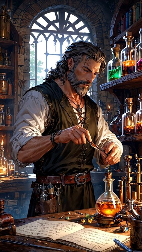 Guild Artisan Dnd, Dark Male Character Design, Orc Romance, Alchemist Dnd, Dnd Male Character, Dnd Characters Male, Npc Ideas, Fantasy Wizard, Dungeons And Dragons Classes