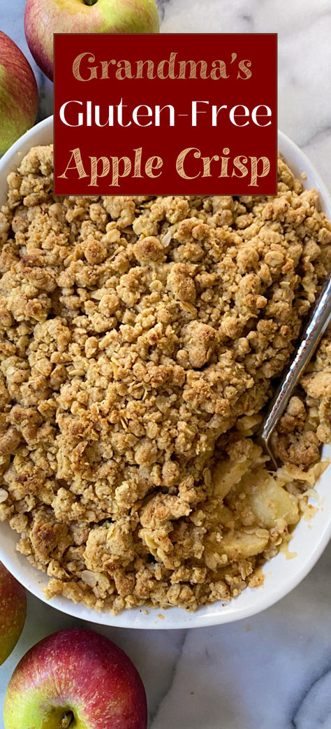 My grandmother had several apple crisp recipes she rotated between but this one was my favorite! It's packed with juicy apples and has the most delicious crumble topping. Now we make it gluten-free and it's every bit as delicious! Gluten Apple Crisp, Gluten Free Apple Crisp Almond Flour, Easy Gf Apple Crisp, Apple Crisp Recipe With Oats Crumble Gluten Free, Gluten Free Apple Blueberry Crisp, Paleo Apple Crisp Almond Flour, Apple Cinnamon Gluten Free, Gf Apple Crisp Recipe, Glutenfree Apple Crisp