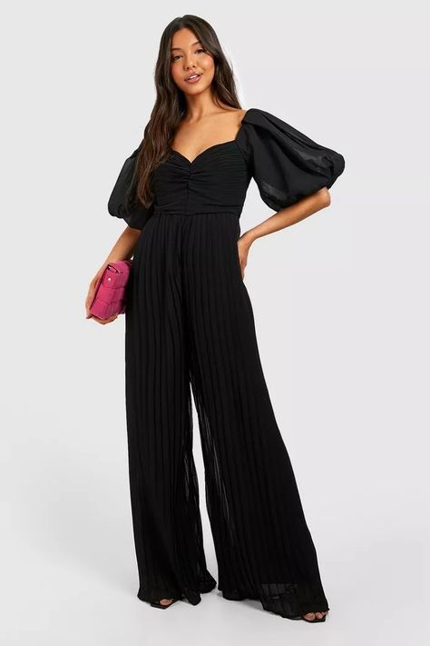 Western Jumpsuits For Women, Wide Leg Jumpsuit Formal, Jumpsuit Prom Dress, Chiffon Puff Sleeve, Waved Hair, Puff Sleeve Jumpsuit, Black Wide Leg Jumpsuit, Wedding Jumpsuit, Fashion Book