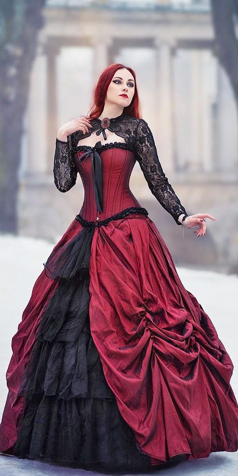 gothic wedding dresses black and red lace slevees Gothic Victorian Wedding, Victorian Wedding Dresses, Gothic Ball Gown, Ball Gowns Victorian, Halloween Wedding Dresses, Victorian Gothic Wedding, Black Wedding Dress Gothic, Gaun Abad Pertengahan, Wedding Dress Black