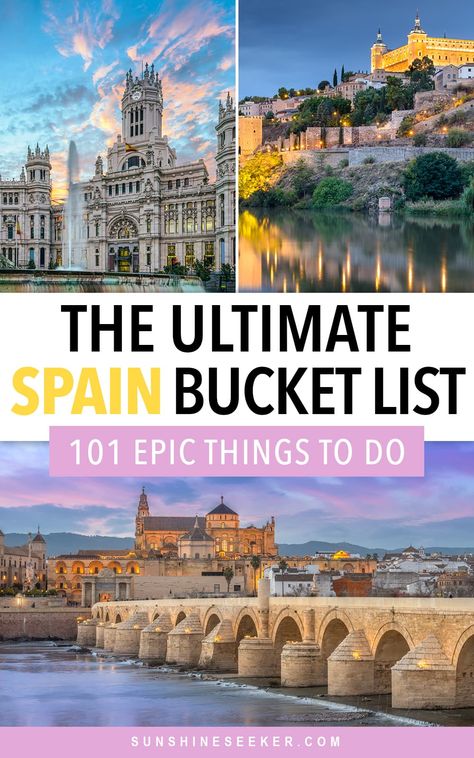 The Ultimate Spain Bucket List. From Cordoba to Barcelona and Murcia to the Cíes Islands - Here are 101+ of the top things to do and places to see in Spain I Spain Travel I Top things to do in Spain Things To Do In Spain, Spain Bucket List, Spain Itinerary, Spain Travel Guide, Spain Vacation, Backpacking Tips, Europe Travel Guide, Europe Travel Destinations, Spain And Portugal