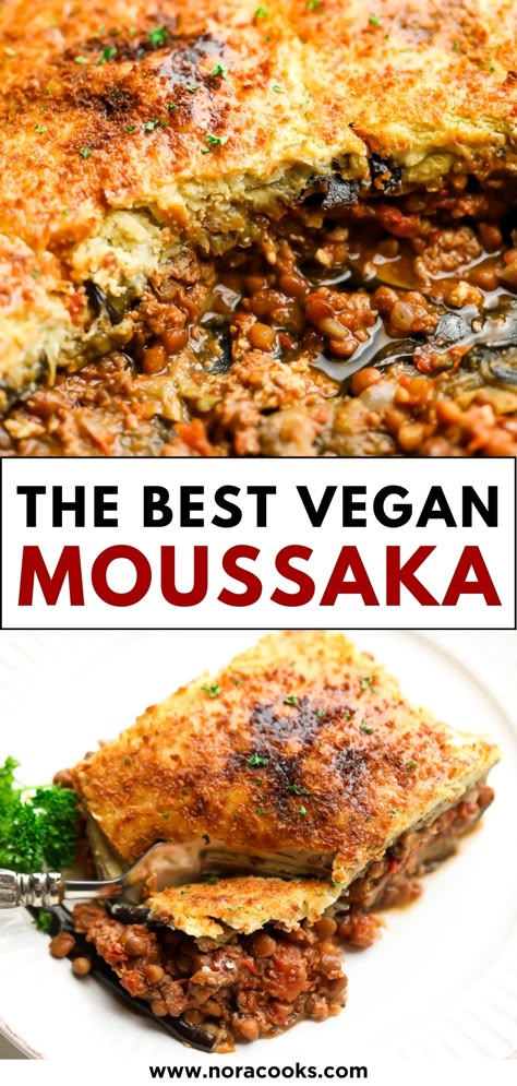 Vegan Mains Recipes, Lentil Moussaka Recipe, Vegan Musaka Recipe, Vegan Moussaka Recipe, Vegan Recipes With Eggplant, Vegan Eggplant Recipe, Vegan Supper Recipes, Vegan Aubergine Recipe, Greek Vegan Recipes