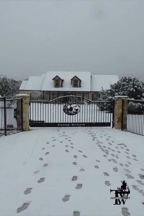 Ranch Gates, West Gate, Entrance Gate, Entrance Ideas, Snowy Day, Entrance Gates, Cabins In The Woods, The Ranch, Fencing