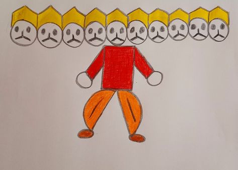 Easy Ravana Drawing for toddlers with shapes Ravana Drawing Easy, Ravan Drawings For Kids, Dushera Drawing Easy, Dussehra Drawing For Kids, Ravana Drawing, Ramayana Drawing, Dussehra Drawing, Drawing For Toddlers, Dps School