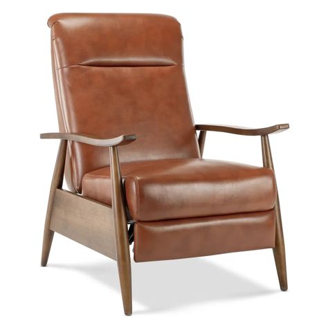 Teasley Manual Recliner & Reviews | AllModern Online Furniture Shopping, Exposed Wood, Leather Recliner, Modern Furniture Living Room, Mid Century Modern Style, Top Grain Leather, Modern Chairs, Leather Upholstery, Recliner Chair