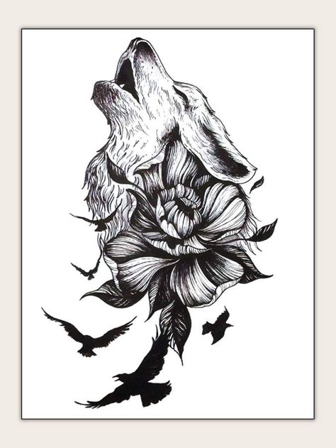 Shein Flower & Wolf Shaped Tattoo Sticker 1sheet Tato 3d, Wolf Tattoos For Women, Wolf Tattoo Sleeve, Kunst Tattoos, Shape Tattoo, Muster Tattoos, Hip Tattoos Women, Wolf Tattoo Design, 3d Tattoo