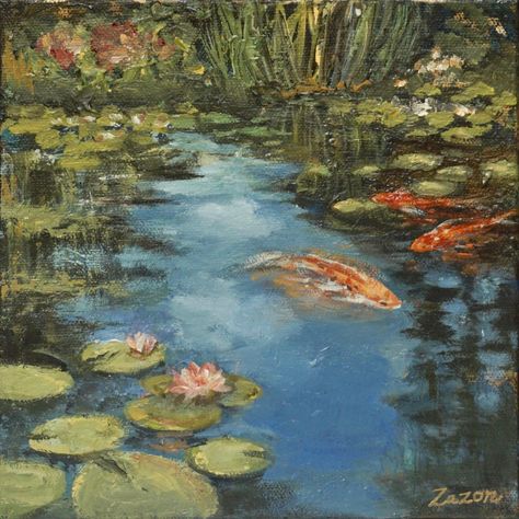 Nature Paintings Aesthetic, Love In Art Painting, Pond Painting Acrylic, Painting Inspiration Aesthetic, Old Art Aesthetic, Koi Pond Painting, Pond Paintings, Large Art Pieces, Asthetic Paintings