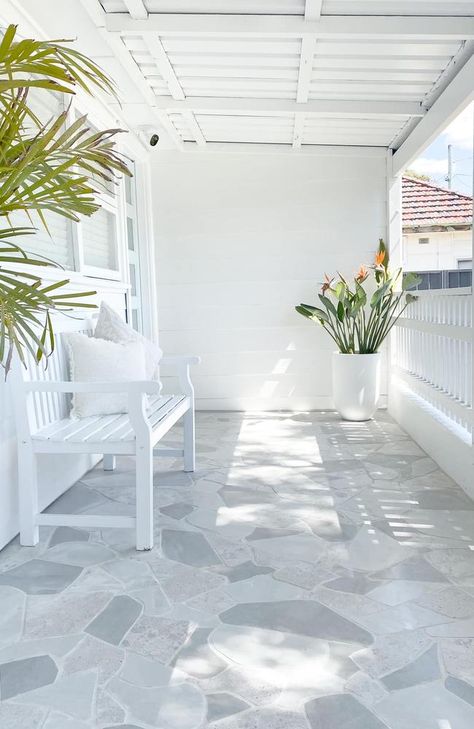 All White Patio, Front Porch Tiles Outdoor, Crazy Paving Patio, Front Porch Tiles, Pergola Flooring, Crazy Tiles, Coastal Front Porch Ideas, Tiles Entrance, Hamptons Porch