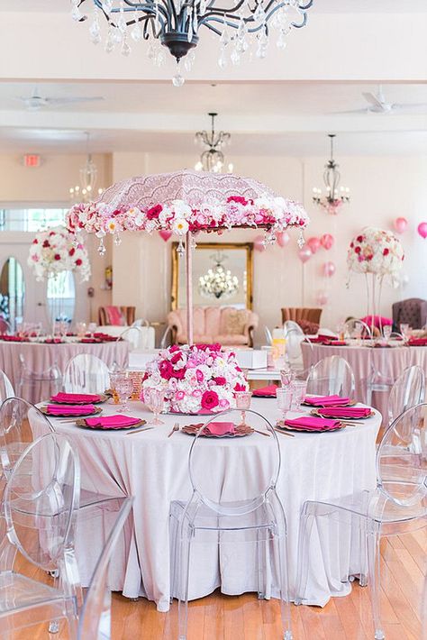 Umbrella Bridal Shower Theme, White Flower Backdrop, Pretty In Pink Baby Shower, Bridal Shower Umbrella, Umbrella Centerpiece, Umbrella Baby Shower, Baby Shower Cake Designs, Pink Baby Shower Cake, Diy Tea Party