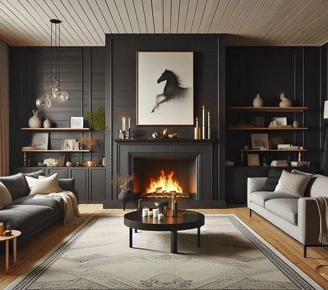 Living room, interior design, fireplace, focal point, lobby design. Black Shiplap Fireplace Wall, White Shiplap Fireplace, Black Shiplap Fireplace, Shiplap Fireplace Wall, Shiplap Fireplace Ideas, Fireplace Wall Ideas, Black Shiplap, Basement Fireplace, Shiplap Ceiling