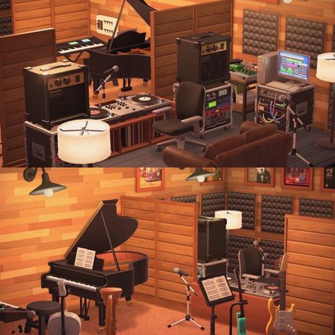 Acnh Recording Studio, Acnh Music Room Ideas, Animal Crossing Music Studio, Music Room Acnh, Acnh Music Studio, Animal Crossing Music Room, Acnh Basement Idea, Animal Crossing Basement Ideas, Acnh Basement Design