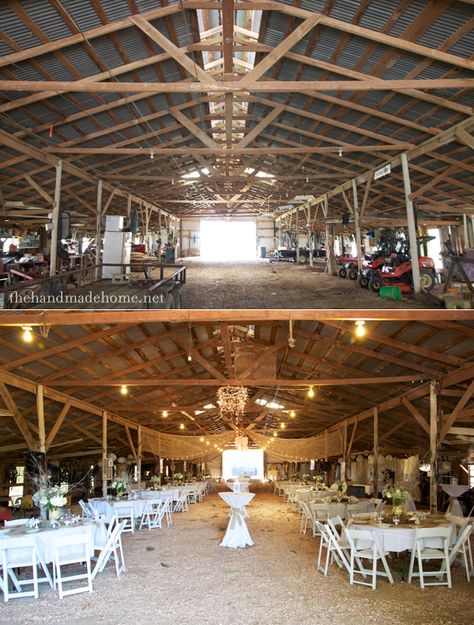 barn wedding - before + after! Shed Wedding, Barn Party, Barn Wedding Reception, Barn Parties, Barn Dance, Wedding Barn, Lighting Chandeliers, Barn Wedding Venue, Barn Lighting