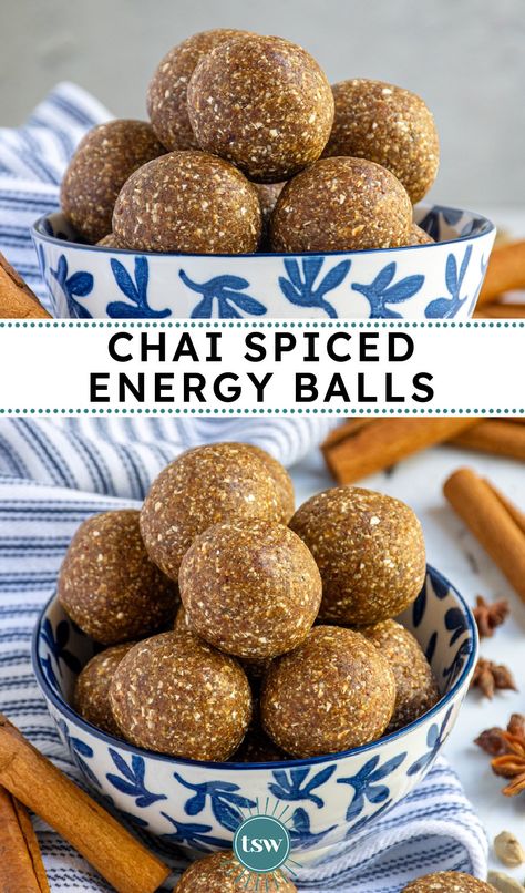 Easy Chai Spiced Energy Balls - The Schmidty Wife Savory Energy Balls, Chai Protein Balls, Chai Energy Balls, Chai Food Recipes, Health Balls, Applesauce Energy Balls, Energy Balls Maple Syrup, Power Bites Energy Balls, Pumpkin Spice Energy Balls