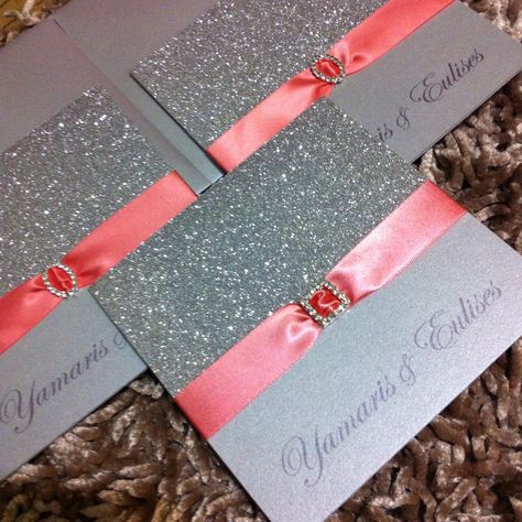 Silver and coral wedding invitation. By: Ann Invite Coral And Silver Wedding, Coral And Gray Wedding, Coral Wedding Invitations, Silver Wedding Decorations, Wedding August, Pink Wedding Decorations, Wedding Renewal, Glitter Wedding Invitations, Quinceanera Themes