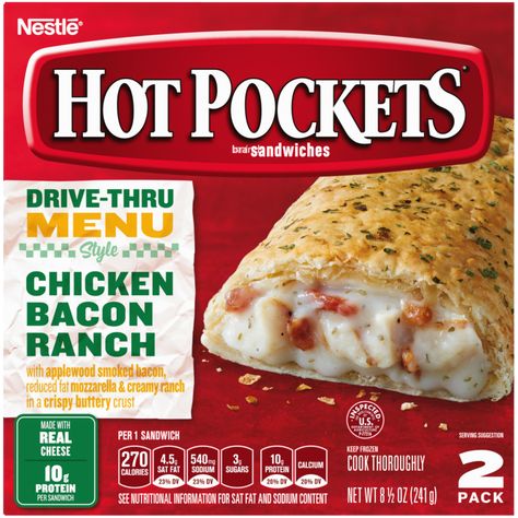 Drive-Thru Style Chicken Bacon Ranch Frozen Sandwich | Official HOT POCKETS® Peppercorn Ranch, Frozen Sandwiches, Chicken Bacon Sandwich, Frozen Snacks, Chicken And Bacon, Frozen Appetizers, Hot Ones, Premium Meat, Frozen Snack