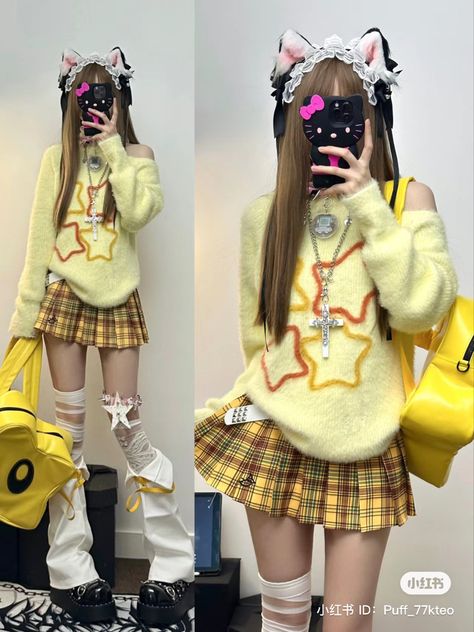 Yellow Harajuku Outfit, Harajuku Outfit, Kawaii Outfit Ideas, Kawaii Fashion Outfits, Alternative Outfits, Really Cute Outfits, Kawaii Clothes, Harajuku Fashion, Colourful Outfits