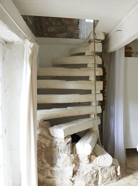 A renovated barn house for a family of four in the French countryside via IKEA Family Live. #country #home #stairs Rustic Stairs, Stairway Decorating, Houses In France, Barn Renovation, Cob House, Spiral Stairs, Wooden Stairs, Stone Walls, House Stairs