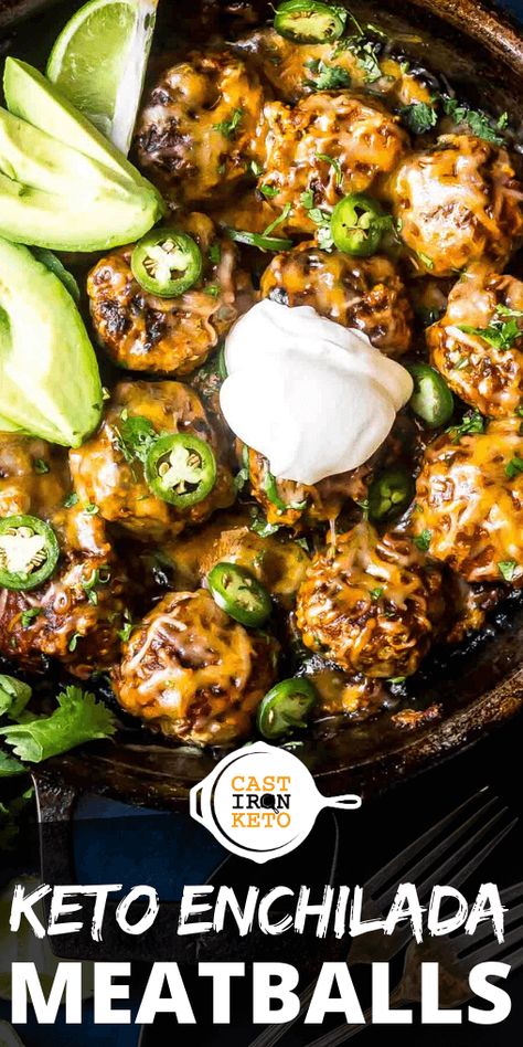 Meatball Keto Dinner, Enchilada Meatballs Keto, Keto Crowd Pleaser, Weeknight Skillet Dinners, Keto Meatball Dinner Ideas, Keto Meatball Recipe, Keto Dinner Recipes Skillet, Fast Easy Keto Dinner, Keto Recipes For A Crowd