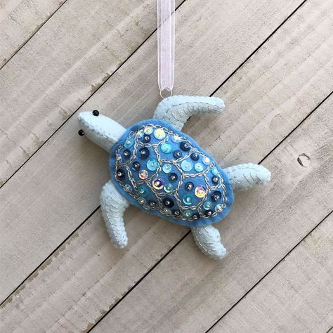 Beads Needle, Christmas Ornament Tags, Turtle Ornament, Silver Sea, Felt Embroidery, Beaded Christmas Ornaments, Thick Wool, Ornament Kit, Paper Pattern