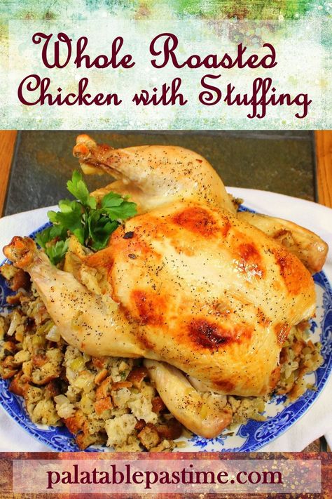 Whole Roasted Chicken with Stuffing is an easy way to both bake dressing inside the chicken but still have it be at a safe eating temperature. Stuffed Whole Chicken Recipes Baked, Roasted Chicken With Stuffing, Chicken With Stuffing, Baked Stuffed Pork Chops, Roast A Chicken, Sage Stuffing, Leftover Meatloaf, Whole Chicken Recipes, Turkey Stuffing