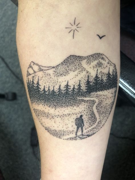 Hiking Trail Tattoo, Mountain Memorial Tattoo, Outdoorsman Memorial Tattoo, Appalachian Trail Tattoo Ideas, Appalachian Trail Tattoo, Motocross Memorial Tattoo, Hiking Tattoo, Bicycle Tattoo, Memorial Tattoo