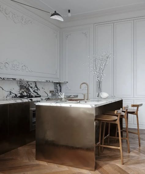 Kitchen Molding, Parisian Style Decor, Ashley Stark, Parisian Kitchen, Classic Interior Design, Kitchen Marble, Kitchen Inspiration Design, French Interior, On The Menu