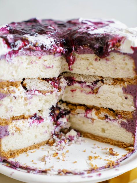 Summer’s Best Blueberry Cheesecake Cake - Cake Babe Blueberry Cheesecake Cake, Blueberry Buttercream, Coconut Loaf Cake, Coconut Loaf, Coconut Icing, Vanilla Bean Cakes, Layered Cakes, Cheesecake Cake, Cakes Recipes