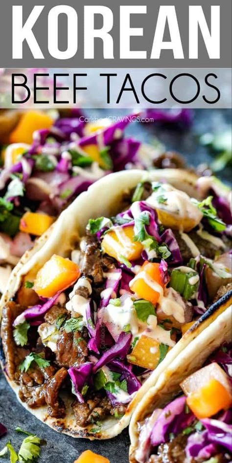 Thai Beef Wraps, Asian Beef Tacos, Summer Beef Meal Ideas, Korean Steak Tacos, Taco Meat Ideas, Chinese Tacos, Dinner Recipes With Steak, Vietnamese Tacos, Japanese Tacos