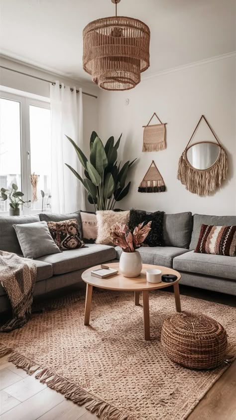 Cozy Apartment On A Budget, Boho Chic House Interiors, Earthy Home Decor Boho Style Living Room, Boho Modern Apartment, Modern Boho Living Room Inspiration, Boho Theme Living Room, Boho House Decor Living Rooms, Cozy Living Room Designs Ideas, Light Boho Living Room