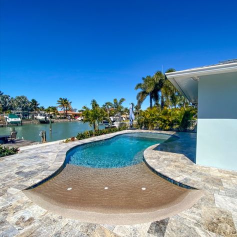 Pool with Beach Front View
Installed with: Alaskan Silver Travertine Pavers
Pool: Oasis Pavers and Pools for any pool, spa, or paver needs! Pool With Beach, Pool Plans, Paradise Backyard, Pool Oasis, Luxury Pools Backyard, Pool Paving, Silver Travertine, Beach Entry Pool, Glam House