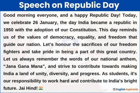 Republic Day Speech in English Republic Day Speech In English, Inspirational Speech For Students, India Constitution, Lines On Independence Day, My Mother Essay, Essay On Republic Day, Republic Day Speech, Speech In English, 500 Word Essay