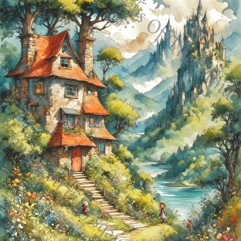 Enchanted Cottage Digital Art: A Whimsical Fantasy World https://cobwebsofthemind.art/products/where-magic-dwells-enchanted-forest-cottage-digital-art 🏰✨ Step into a world where dreams come to life! This enchanting digital masterpiece from our Childhood Dreamscapes Collection transports you to a realm of pure imagination. 🌈🌿 Nestled among towering trees and vibrant wildflowers, a charming fairytale cottage beckons you to explore its whimsical architecture. Can you imagine waking up to this vi... Fantasy Cottage Art, Whimsical Architecture, Dreamy Scenery, Vintage Modern Bathroom, Parisian Modern, Storybook Illustration, Fantasy Cottage, Enchanted Cottage, Winding Path