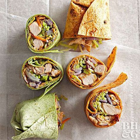 Thai Pork Wraps Lunch Wrap Recipes, Wrap Recipes For Lunch, Lunch Wrap, Thai Pork, Salmon Breakfast, Pork Wraps, Beef Wraps, Buffalo Chicken Wraps, Types Of Sandwiches