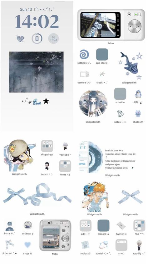 White Theme Phone Layout, Ideas For Widgets Iphone, Anime Themed Phone Screen, Homescreen Background Aesthetic, Phone Inspo Lock Screen, Aesthetic Phone Layout Blue, Iphone 16 Layout Ideas, Aesthetic Iphone Layout Homescreen, Anime Layout Homescreen