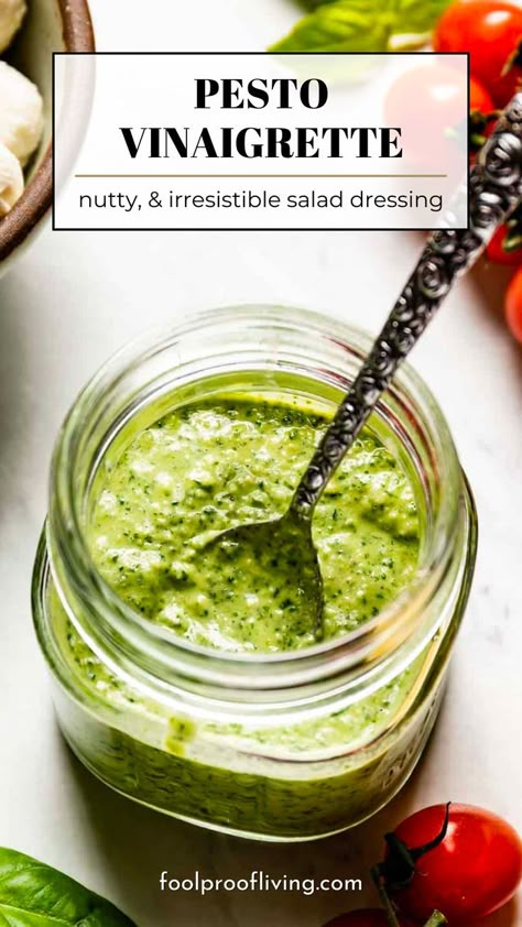 Pesto Vinaigrette in a jar. Food Processor Salad Dressing, Pesto Salad Dressing Recipes, Pesto Dressing Recipe, Vinegrette Recipes, Pesto Dressing Salad, Pesto Vinaigrette Dressing, Vinegarette Salad, Basil Pesto Salad, Vinegrette Recipe