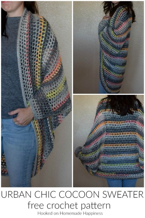 Urban Chic Cocoon Sweater Crochet Pattern | Hooked on Homemade Happiness Crochet A Rectangle, Knitting Patterns Cocoon, Crochet Cocoon, Cocoon Sweater, Crochet Shrug Pattern, شال كروشيه, Shrug Pattern, Crochet Sweater Pattern Free, Handmade Inspiration