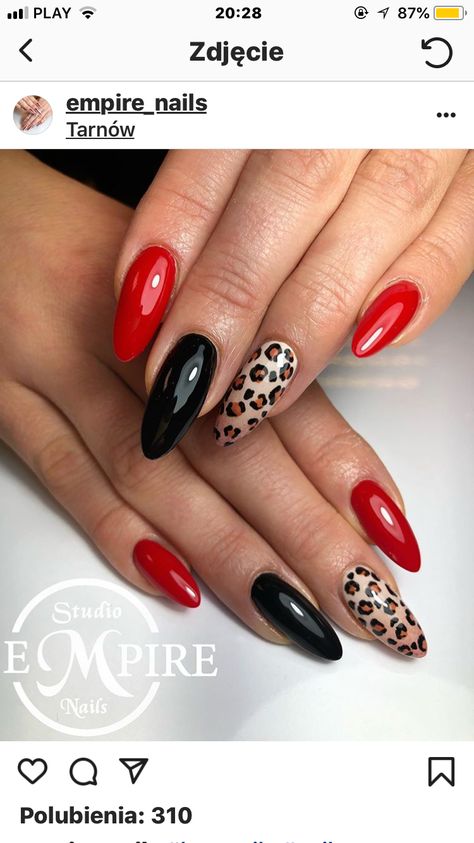 Red Nails With Cheetah Print, Red Animal Print Nails, Red And Leopard Print Nails, Red Elegant Nails, Red Leopard Nails, Red Leopard Print Nails, Red Cheetah Nails, Leopard Nail Designs, Watermelon Nails