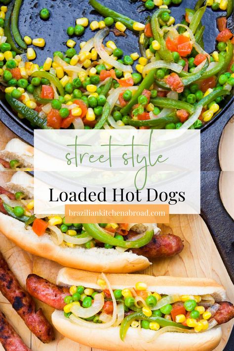 Street hot dogs are known for taking plain old hot dogs to a whole new level. But there are a million and one different ways to make a killer street dog. Each country, city, neighborhood has its own version of what "a typical street dog" should include, and this recipe has all the special things that remind me of the version I ate while growing up in my Rio de Janeiro neighborhood. Street Hot Dogs, Brazilian Kitchen, Brazilian Recipes, Bbq Recipes Grill, Hot Dog Toppings, City Neighborhood, Latin American Recipes, American Recipes, Weekday Meals