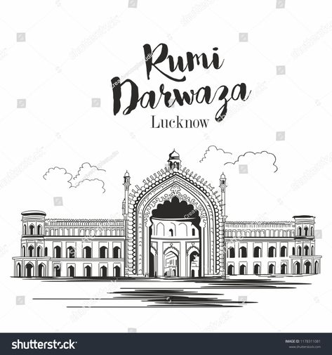 Rumi Darwaza Lucknow uttar Pradesh India vector illustrationLucknow#uttar#Rumi#Darwaza Lucknow Illustration Art, Lucknow Illustration, Rumi Darwaza Lucknow, Lucknow Monuments, Building Sketches, Indian Monuments, Digital Wedding Invitations Design, Landscape Pencil Drawings, Building Sketch