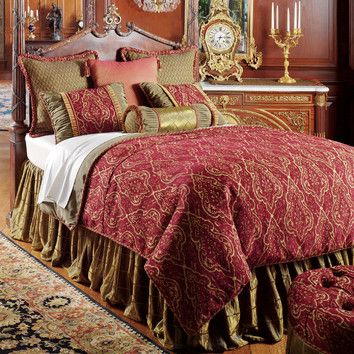 Bedding Arts And Crafts Bedroom, Red Comforter Sets, Button Tufted Bed, Red Comforter, Luxury Comforter Sets, Damask Bedding, Textured Duvet Cover, Full Duvet Cover, Luxury Bedding Collections