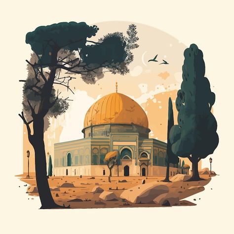 Al Aqsa Mosque Drawing, Mosque Drawing, Isra Miraj, Mosque Art, Wave Illustration, Watercolor Architecture, Islamic Cartoon, Crazy Wallpaper, Desert Art