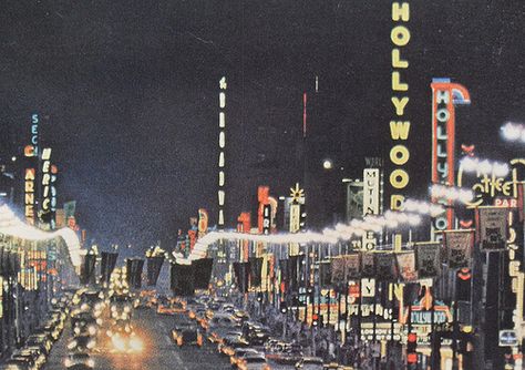 1960s HOLLYWOOD Los Angeles CALIFORNIA NEON LIGHTS Theatres Street by Christian Montone, via Flickr Hollywood Theater, Hollywood Aesthetic, Hollywood Hotel, California History, Vintage Los Angeles, I'm With The Band, Vintage Americana, Picture Postcards, California Love