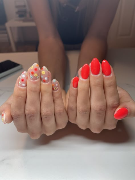 Colorful Shellac Nails, Opposite Hand Nail Designs, Floral Accent Nails, Colorful Floral Nails, Different Color Hands Nails, Both Hands Different Color Nails, Red Nails With Flowers, Red Nails For Summer, Red Floral Nails